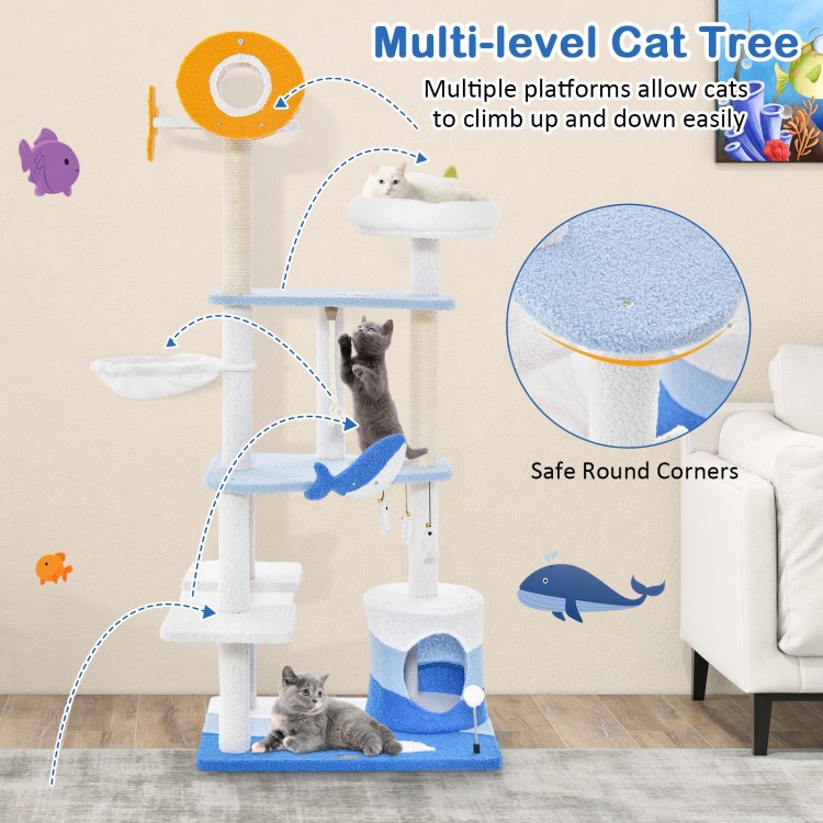 Multi-level Ocean-themed Cat Tree Tower with Sisal Covered Scratching Posts - Gallery View 9 of 10