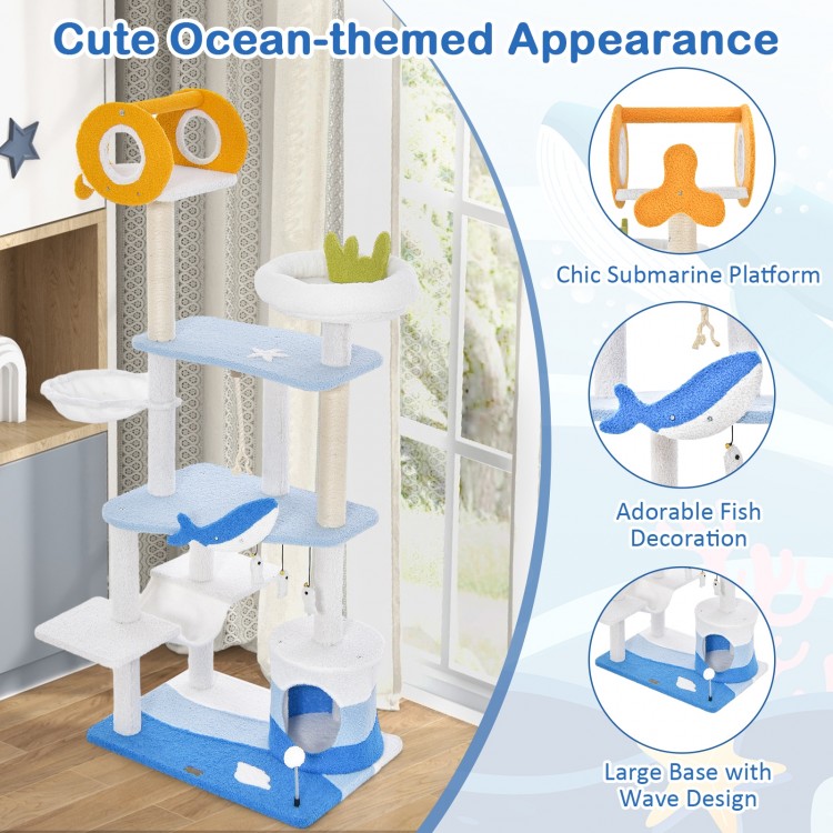 Multi-level ocean-themed cat tree tower in blue with sisal scratching posts and spacious platforms for playful cats.