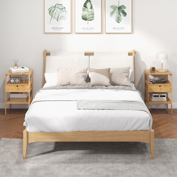 Bamboo nightstand set of 2 with open shelves and drawer, perfect for storage in living room or bedroom.