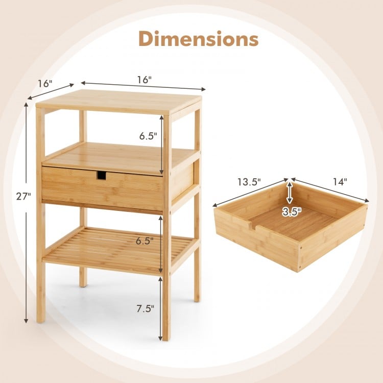 Bamboo nightstand set of 2 with open shelves and pull-out drawer, ideal for living room or bedroom storage.
