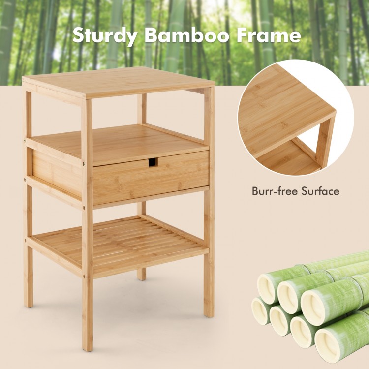 Bamboo nightstand with two open shelves and a pull-out drawer, ideal for living room or bedroom storage.
