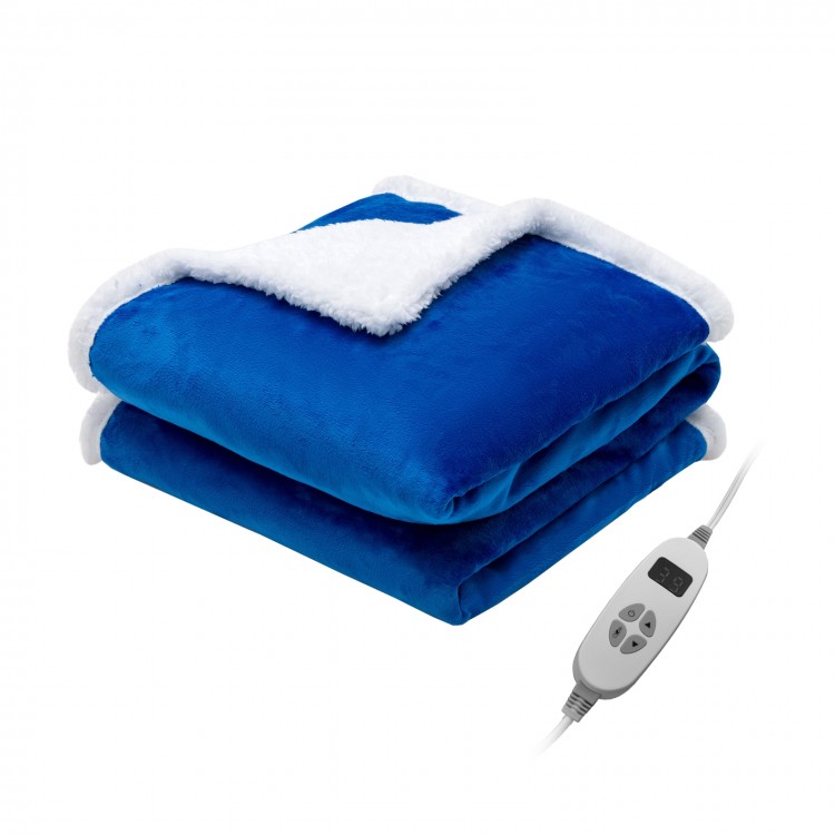 Reversible electric heated blanket in blue, featuring flannel and sherpa materials, with adjustable heating levels for.