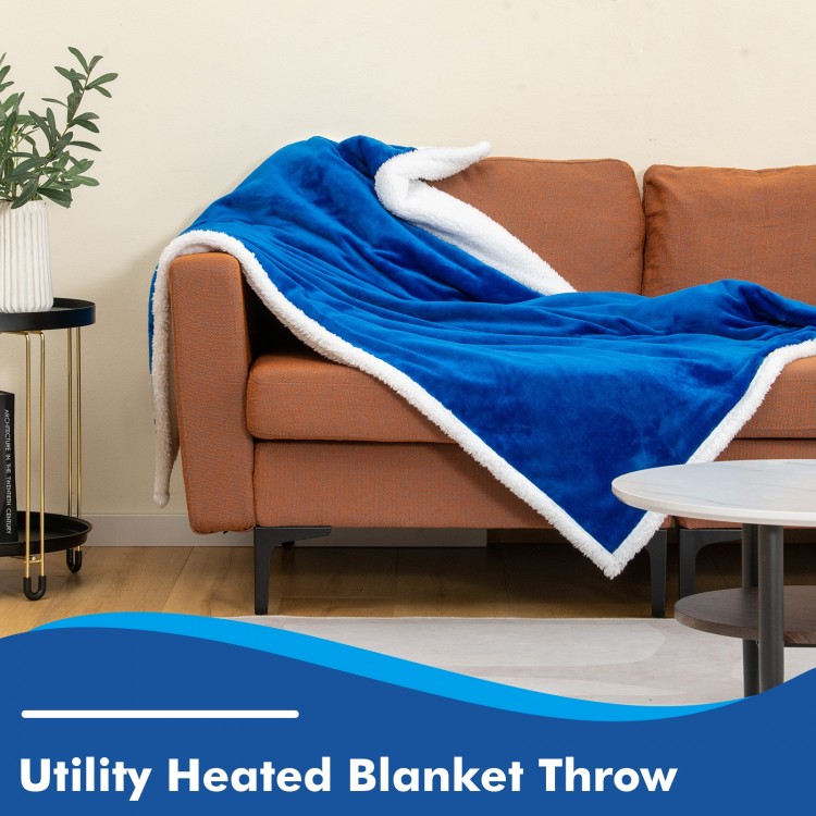 Reversible electric heated blanket throw in blue, featuring flannel and sherpa for warmth, ideal for cozy relaxation.