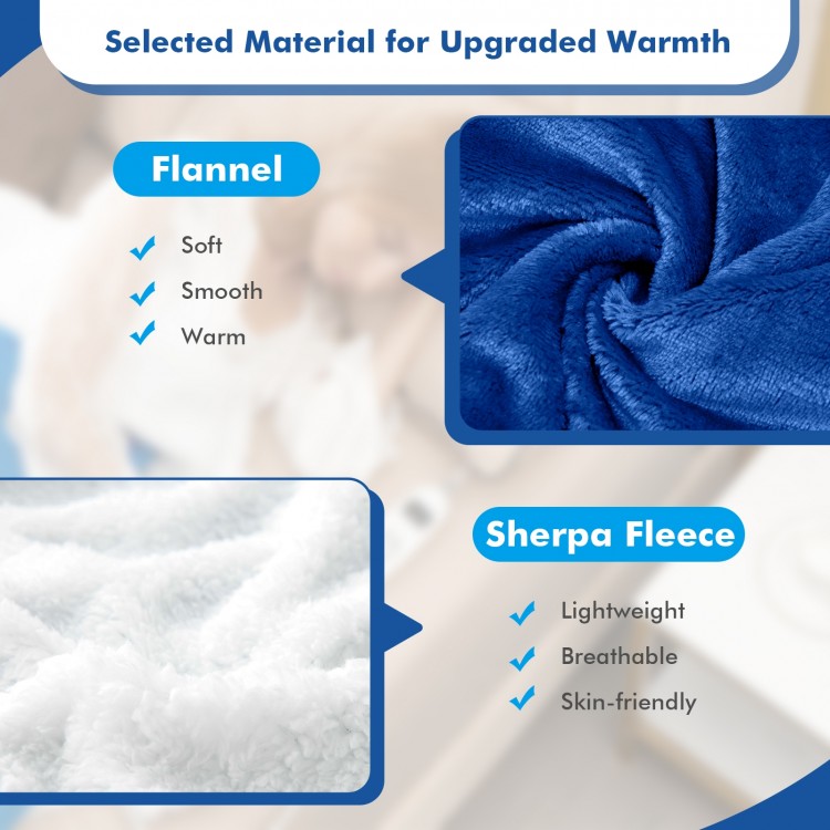 Reversible electric heated blanket throw in blue, featuring soft flannel and sherpa fleece for warmth and comfort.