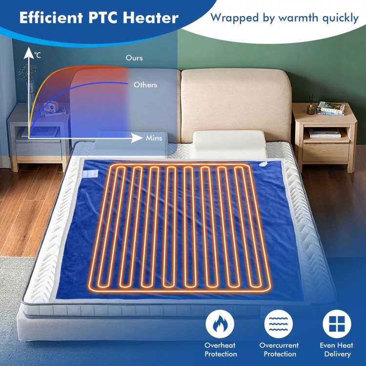 Reversible electric heated blanket in blue with PTC heater, featuring 10 heating levels and overheat protection for.