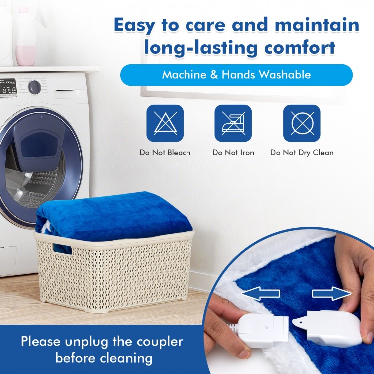 Reversible blue electric heated blanket throw featuring flannel and sherpa, machine washable for easy care and comfort.