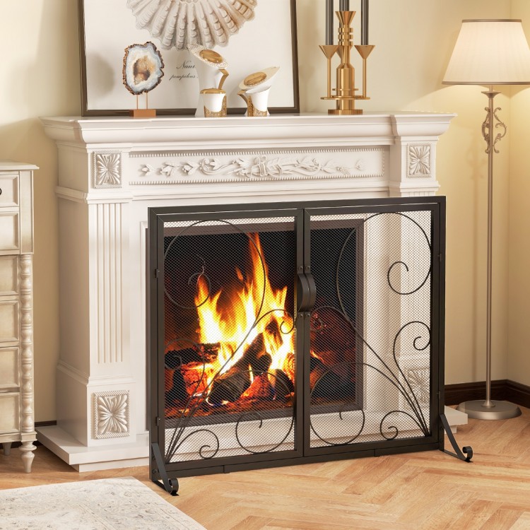 Black double door fireplace screen with floral pattern, high-density mesh, and magnetic catch for safety and elegance.