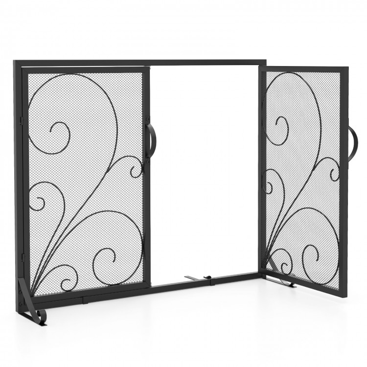Double door fireplace screen in black, featuring a floral pattern, high-density mesh, and child-friendly design.