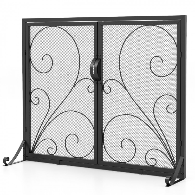 Double door fireplace screen in black, featuring a floral pattern, high-density mesh, and child-friendly design for.