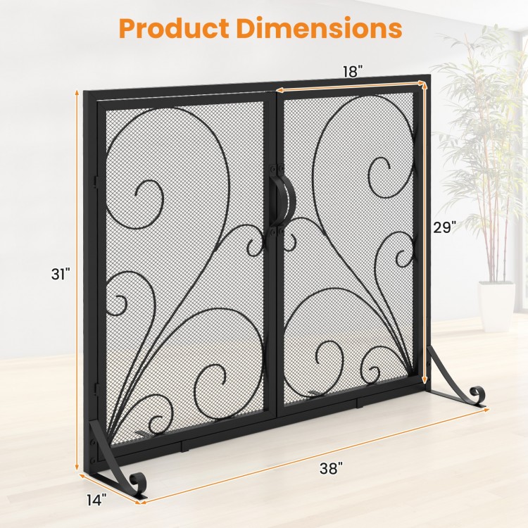 Double door fireplace screen in black, 38 x 31 inches, featuring a floral pattern and rustproof metal for safety.
