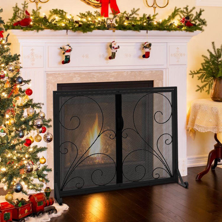 Black double door fireplace screen with floral pattern, 38 x 31 inches, providing spark protection and easy access.