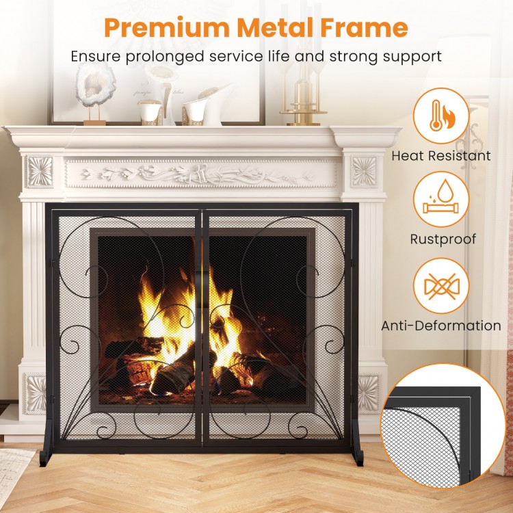 Double door fireplace screen in black, featuring a rustproof metal frame and high-density mesh for safety and elegance.