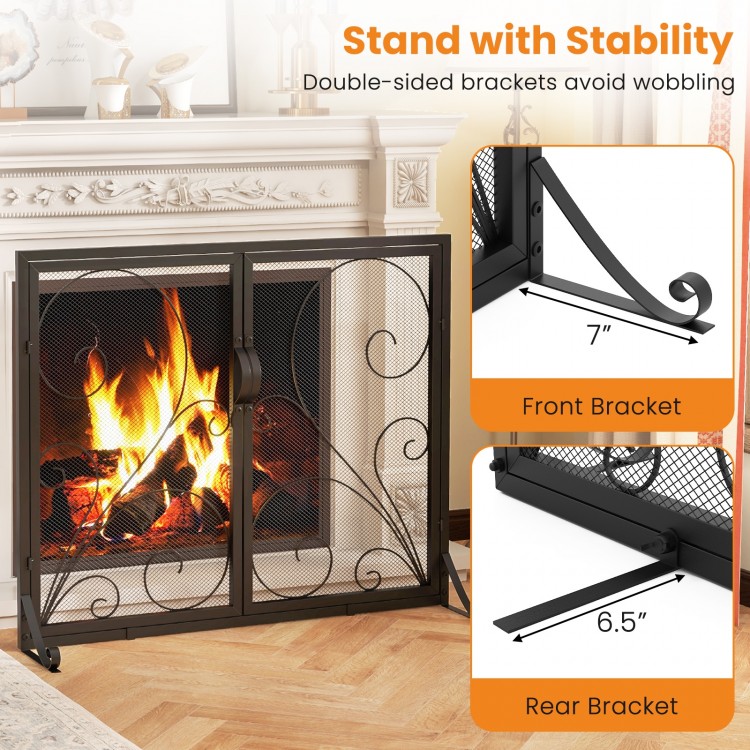 Double door fireplace screen in black with floral pattern, featuring rustproof metal and double-sided brackets for.
