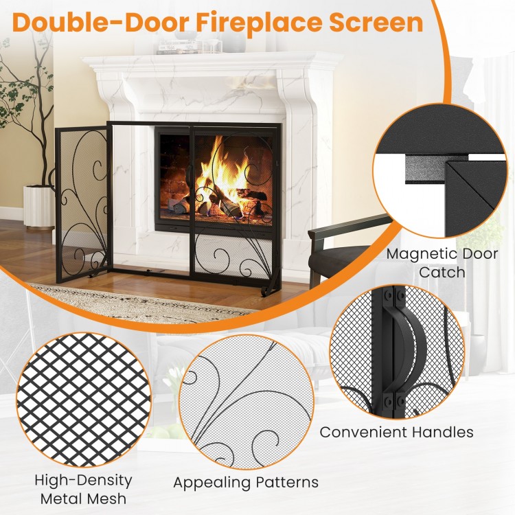 Double-door fireplace screen in black, 38 x 31 inches, with high-density mesh and elegant floral patterns for safety.