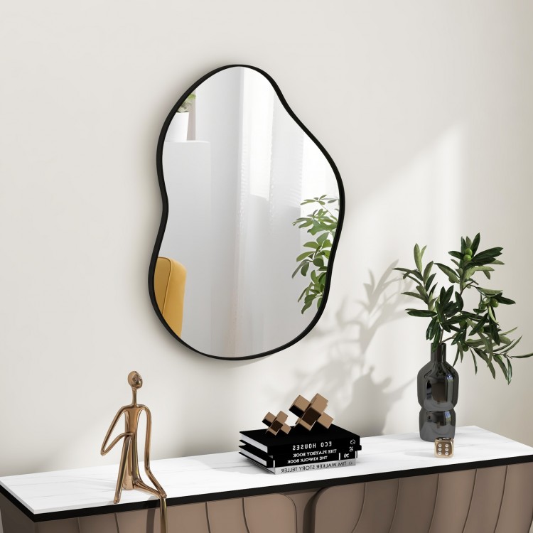 Irregular 22"x30.5" black wall-mounted mirror with rounded edges, perfect for enhancing interior spaces.
