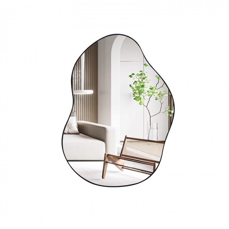 Irregular 22x30.5 inch wall-mounted mirror with black edge, showcasing a high-definition reflection in a modern.