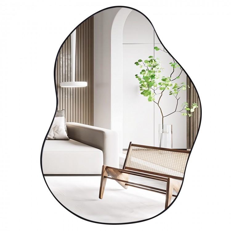 Irregular wall-mounted mirror with black edge, 22x30.5 inches, featuring a unique design for stylish interior decor.