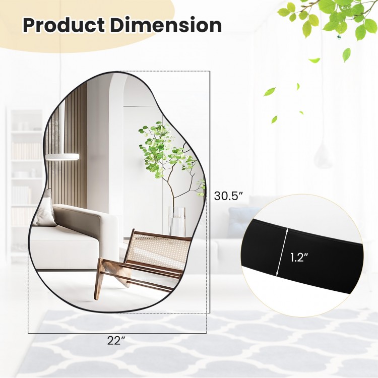 Irregular 22" x 30.5" black wall-mounted mirror with premium backboard, showcasing unique design and dimensions.