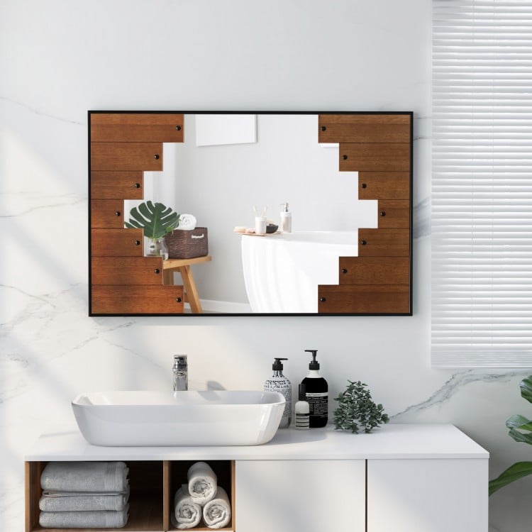 Decorative rectangle wall mirror with piano key-shaped frame, enhancing natural light for stylish bathroom decor.