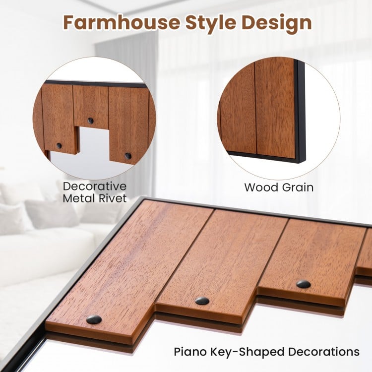 Decorative rectangle wall mirror featuring a piano key-shaped frame and wood grain design, perfect for farmhouse style.