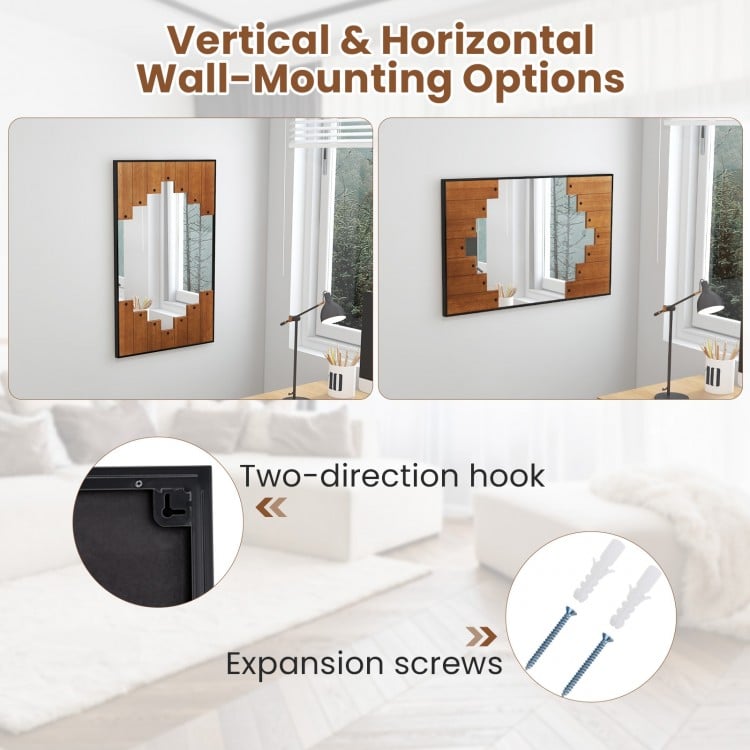 Decorative rectangle wall mirror with piano key-shaped frame, showcasing vertical and horizontal mounting options for.