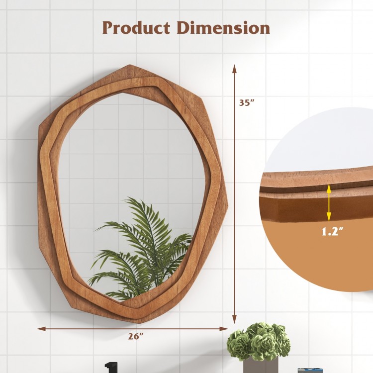 Irregular shaped wall mirror with a natural wood frame, measuring 26x35 inches, ideal for enhancing any room's decor.