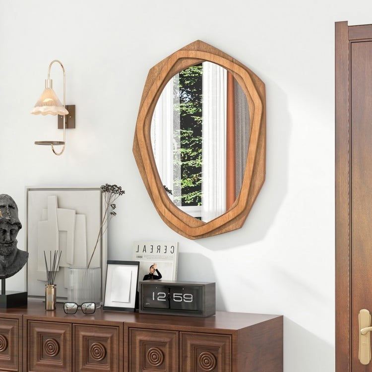 Irregular framed wall mirror with natural finish, designed for elegance and waterproof for easy cleaning.