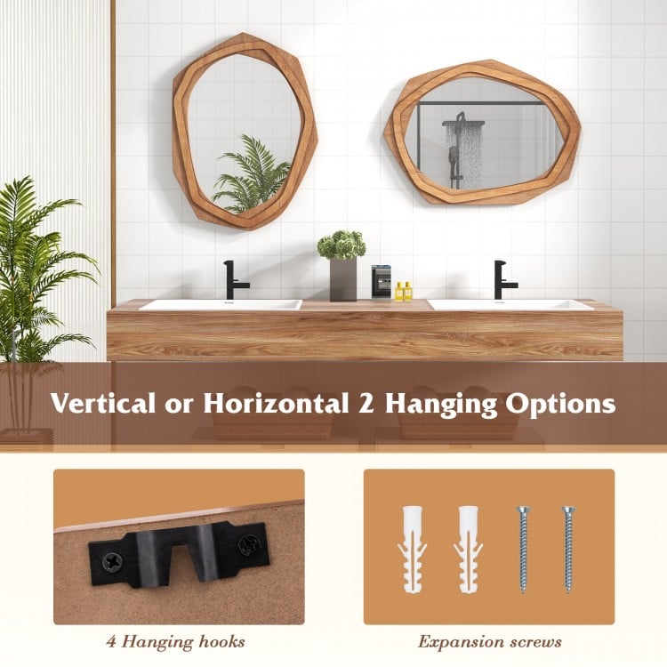 Large irregular framed wall mirror with waterproof surface and expansion screws, ideal for bathrooms and living rooms.