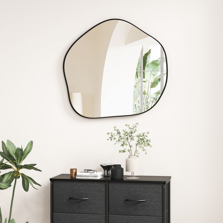 Irregular black wall mirror with metal frame, featuring rounded edges, ideal for living room or bedroom decor.