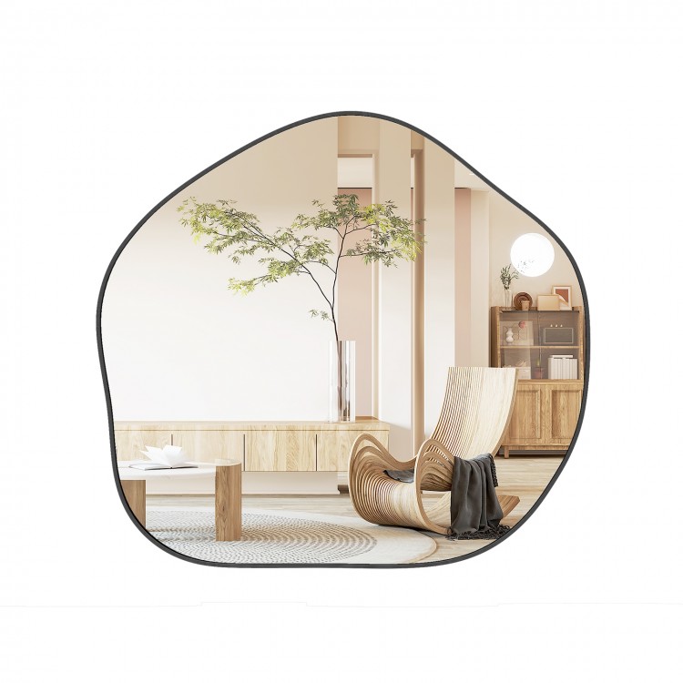 Irregular wall mirror with a black metal frame, showcasing a clear reflection in a stylish indoor setting.