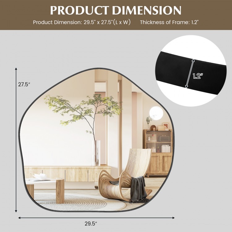 Irregular black wall mirror with metal frame, measuring 29.5" x 27.5", ideal for enhancing indoor decor.