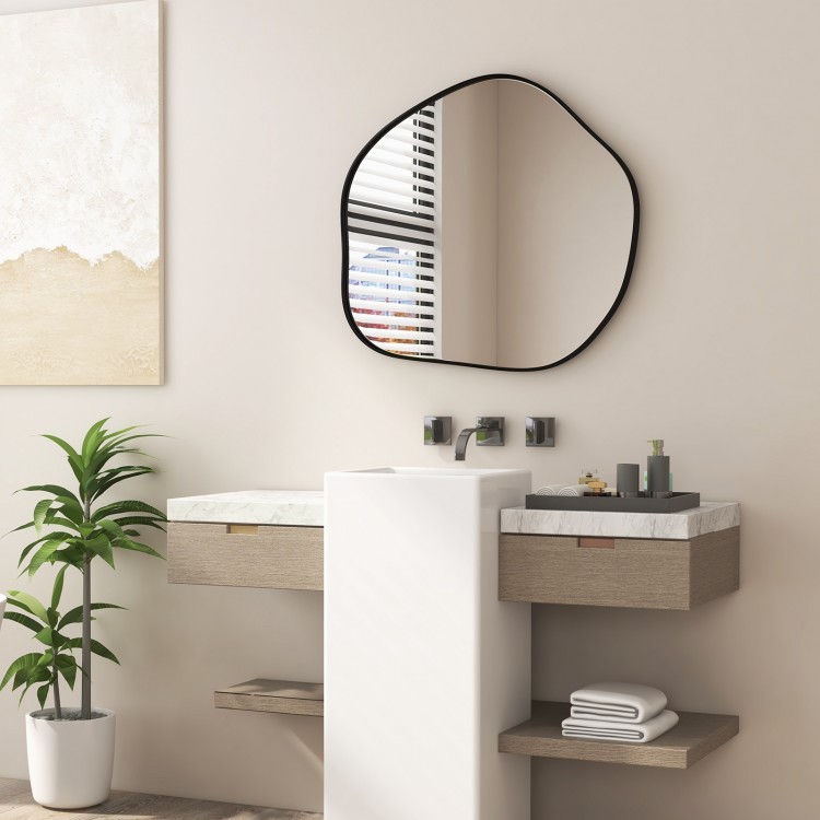 Irregular black wall mirror with metal frame, showcasing rounded edges and clear reflection, ideal for indoor decor.