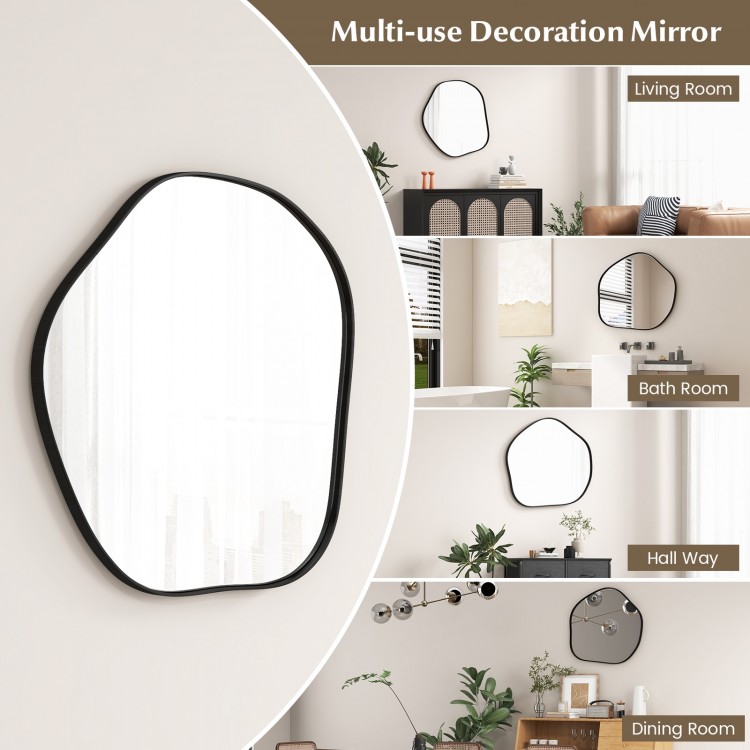 Irregular wall mirror with a black metal frame, perfect for living room or bathroom decor, featuring rounded edges and.