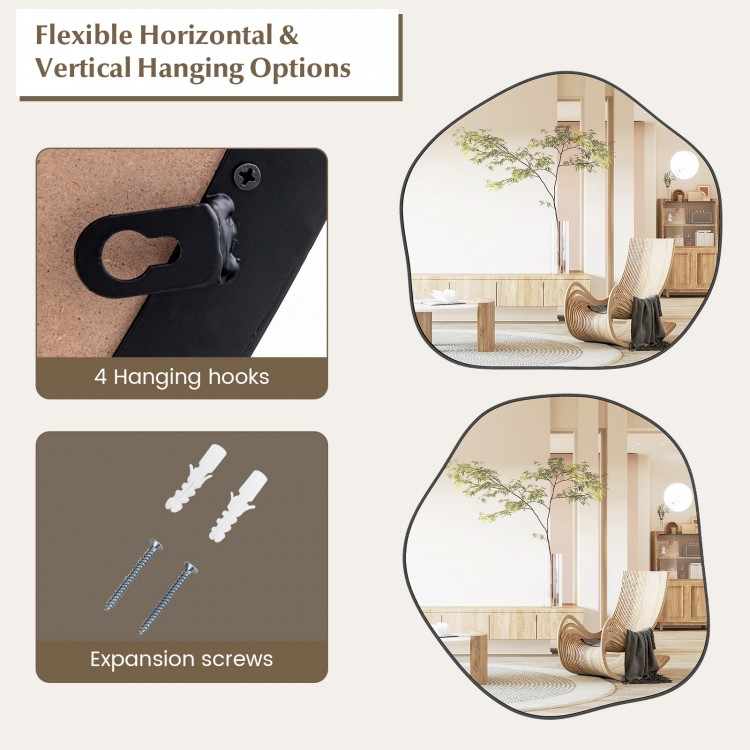 Irregular black wall mirror with metal frame, featuring 4 hanging hooks and expansion screws for easy installation.