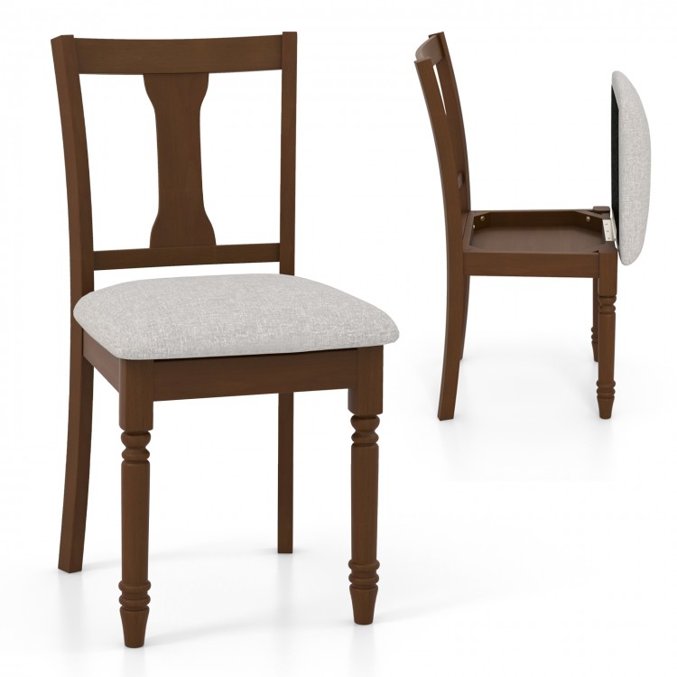 Brown kitchen dining chair with linen fabric, flip-up seat for storage, and sturdy acacia wood legs.