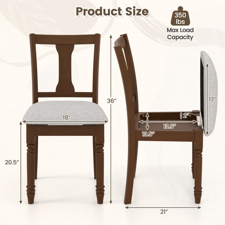 Brown kitchen dining chair with linen fabric, flip-up seat for storage, and sturdy acacia wood legs, side view.
