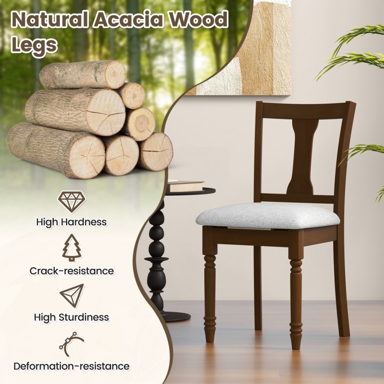 Brown kitchen dining chair with natural acacia wood legs, linen fabric, and flip-up seat for convenient storage.
