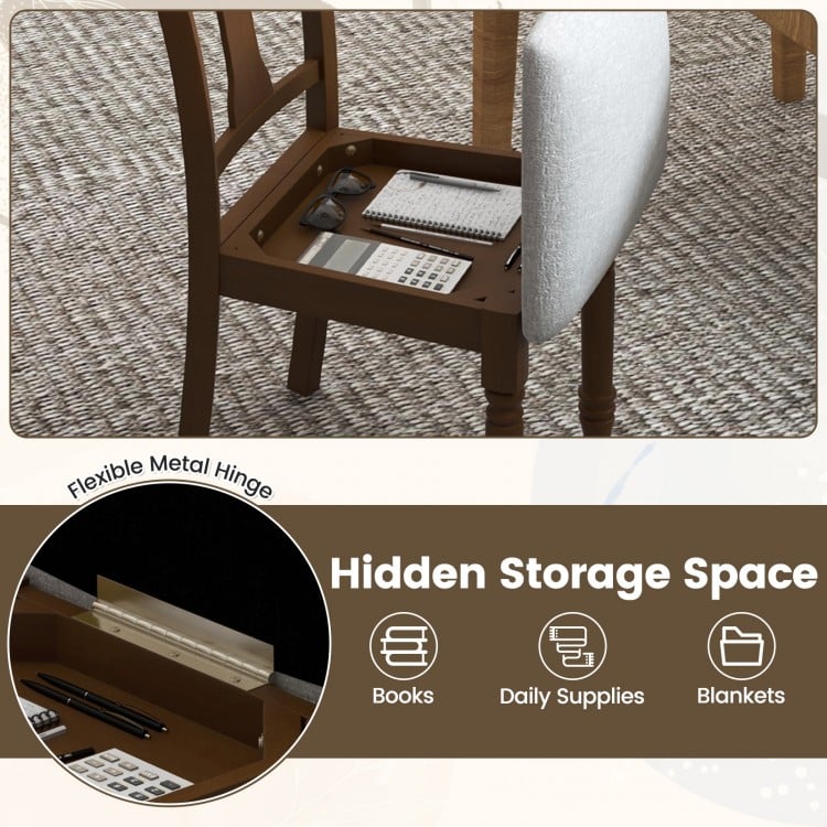 Kitchen dining chair with flip-up seat for hidden storage, made of linen fabric and acacia wood legs in brown.
