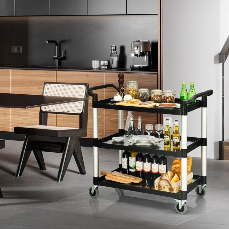 3-tier utility service cart with lockable wheels and double handles, featuring durable aluminum and PP shelves for.