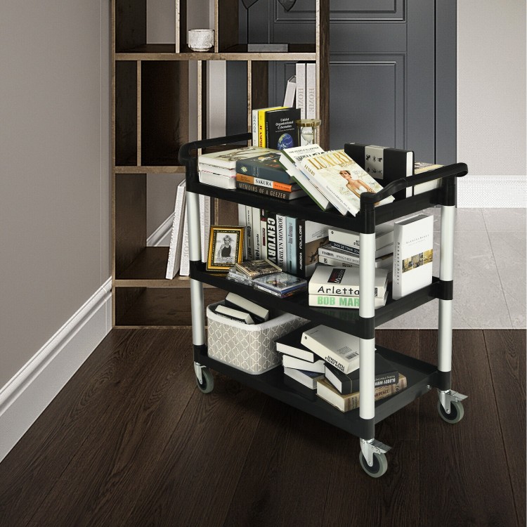 3-tier utility service cart with lockable wheels, featuring durable aluminum construction and spacious shelves for.