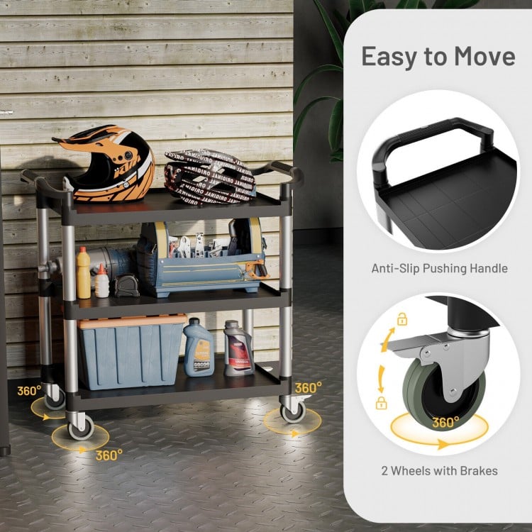 3-tier utility service cart with lockable wheels, dual handles, and scratch-resistant shelves for versatile use.