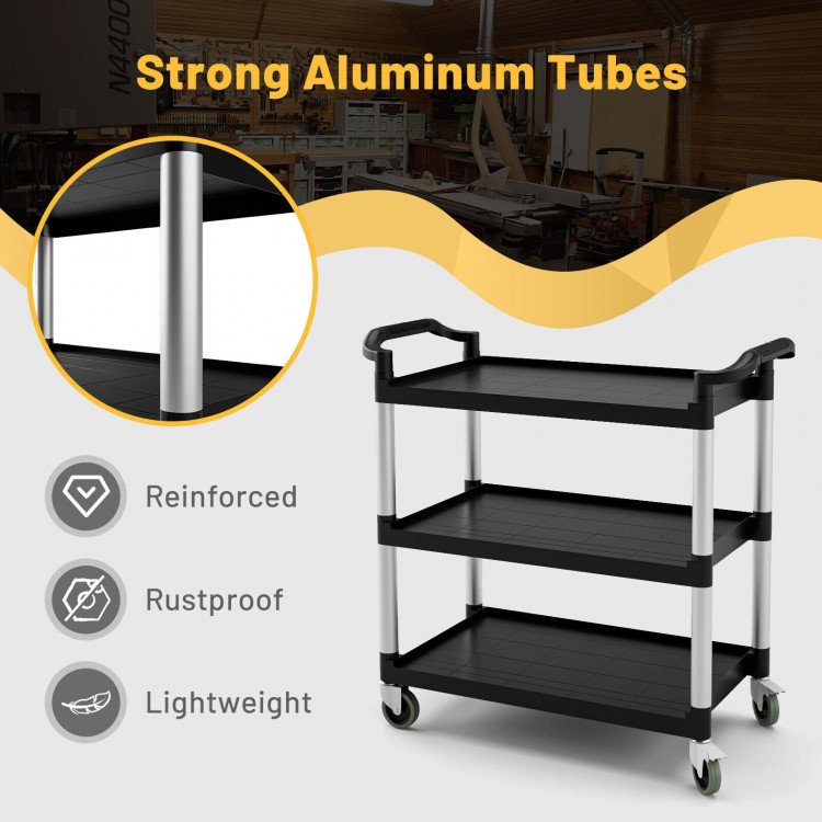 3-tier utility service cart featuring rustproof aluminum tubes, lockable wheels, and double handles for versatile use.