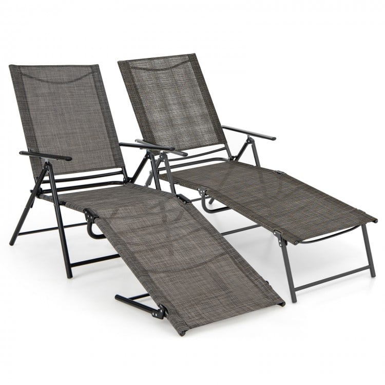 Two-piece coffee patio folding chaise lounge chairs with adjustable backrest and footrest for outdoor relaxation.