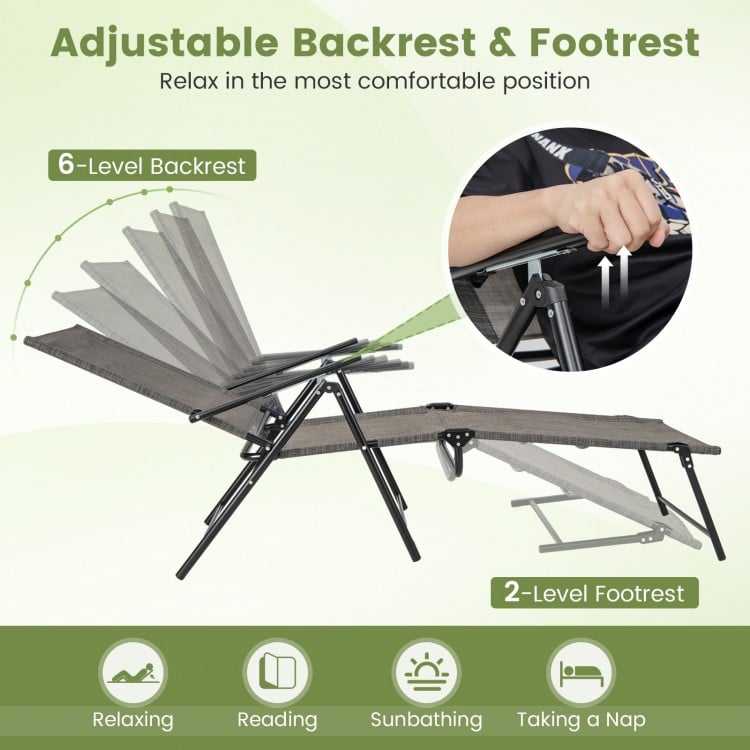 2 Piece Patio Folding Chaise Lounge Chairs Recliner with 6-Level Backrest - Gallery View 7 of 10