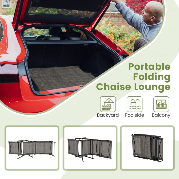 Portable folding chaise lounge chairs with adjustable backrest, coffee color, perfect for backyard or poolside.
