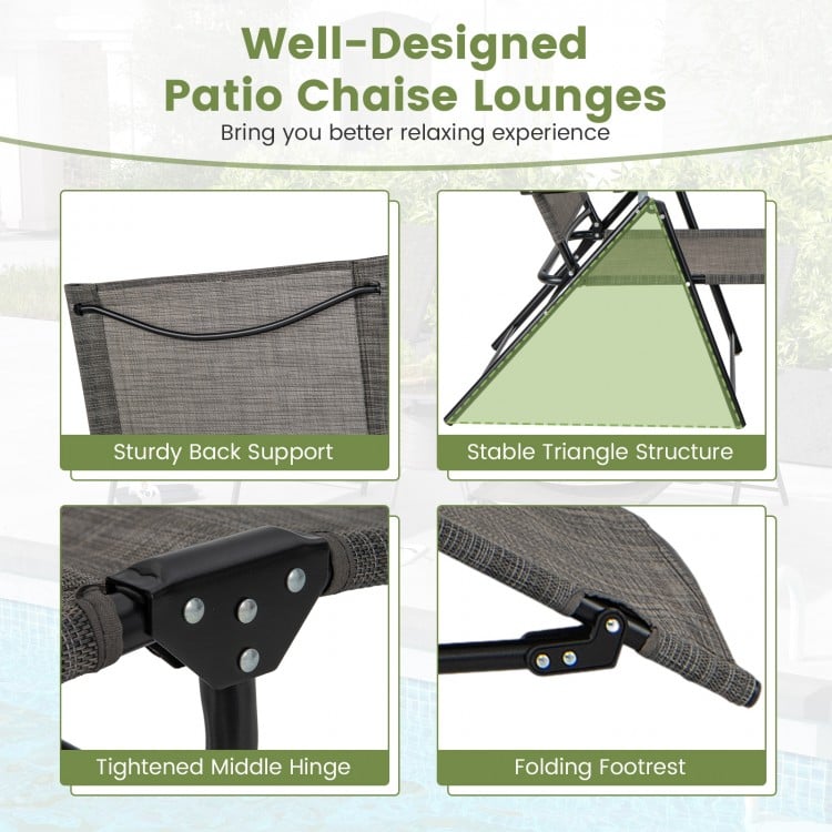 Patio folding chaise lounge chair with adjustable backrest and footrest, featuring a sturdy metal frame for outdoor.