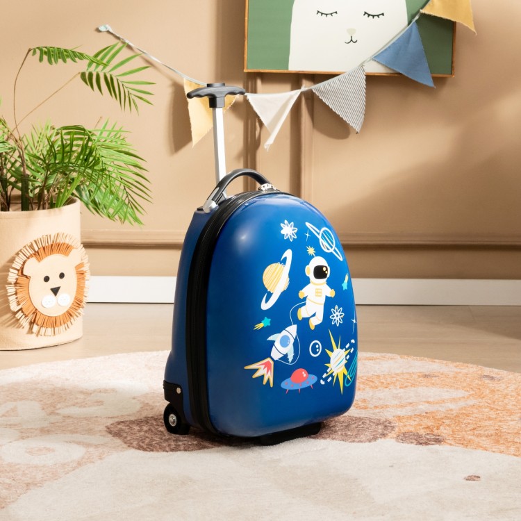 Kids' 16-inch blue hard shell suitcase with astronaut design, featuring wheels and a sturdy handle for easy travel.