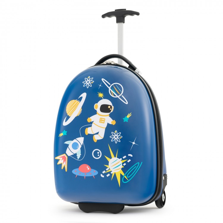 Kids carry-on luggage in blue with astronaut design, featuring hard shell, wheels, and multiple compartments for travel.
