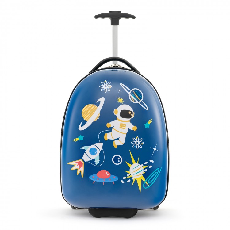Kids' 16-inch blue hard shell suitcase with astronaut design, featuring smooth wheels and dual compartments for travel.