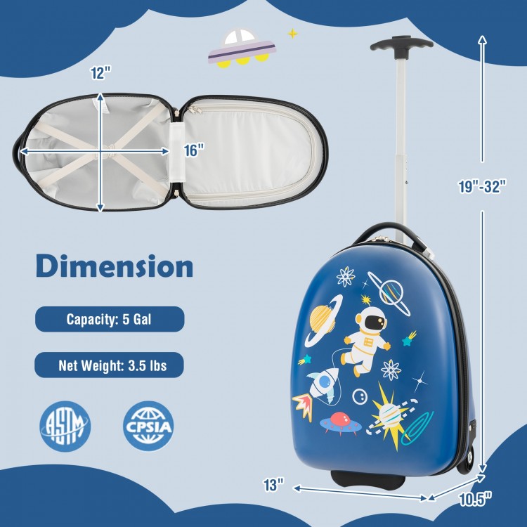 Kids carry-on luggage suitcase in blue, 16-inch hard shell with wheels, featuring spacious compartments and adjustable.